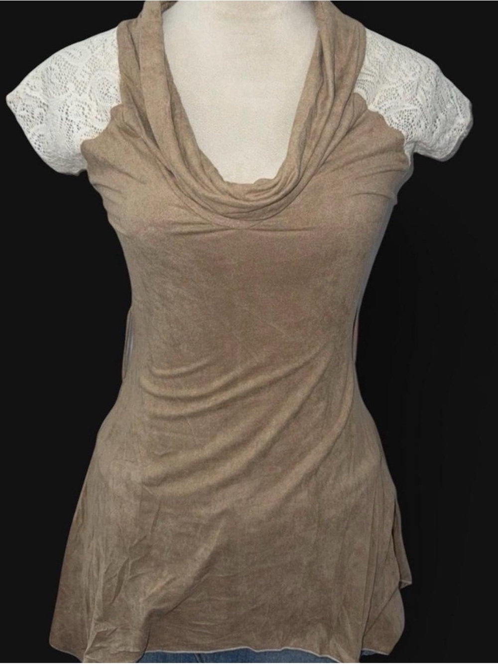 Just Me Taupe Cowl Neck Tunic with White Lace Cap Sleeves